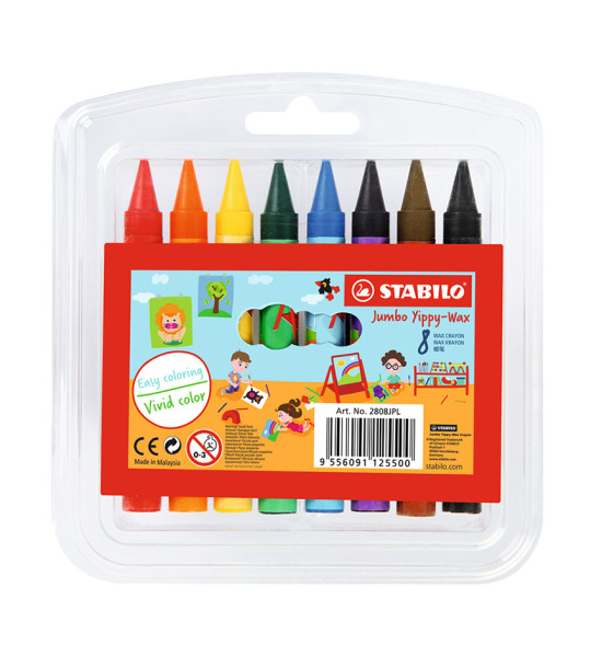 Crayones de Cera, Yippy Wax Jumbo, Cuerpo Circular, 10 mm, en Estuche Plástico x 8 Unds. 8 Colores Surtidos.